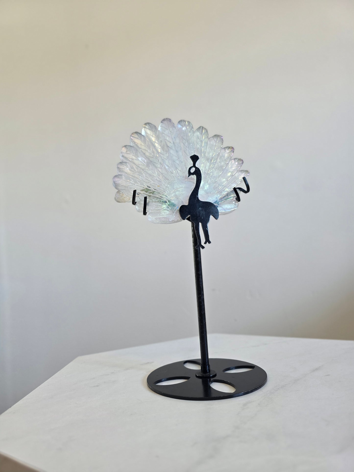 Large Peacock Clear Quartz Carving on stand
