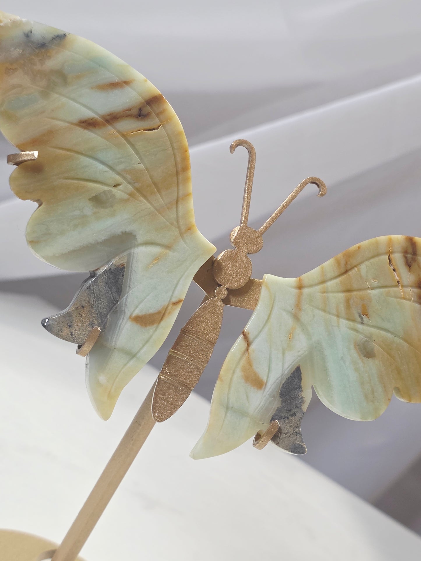 Caribbean Calcite Crystal Butterfly Wings on Gold metal stand