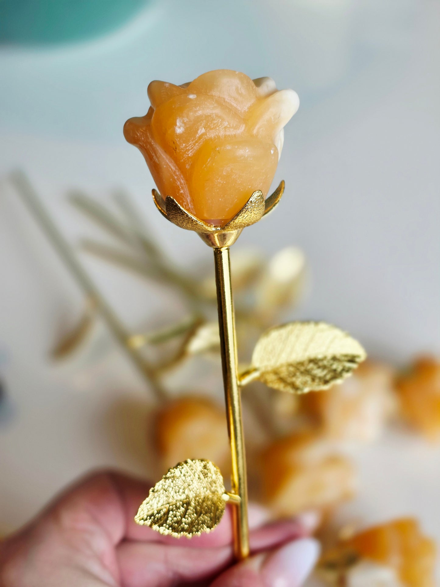 Orange Calcite Flower Carving 23cm - Hand Carved Flower - Metal Gold stems