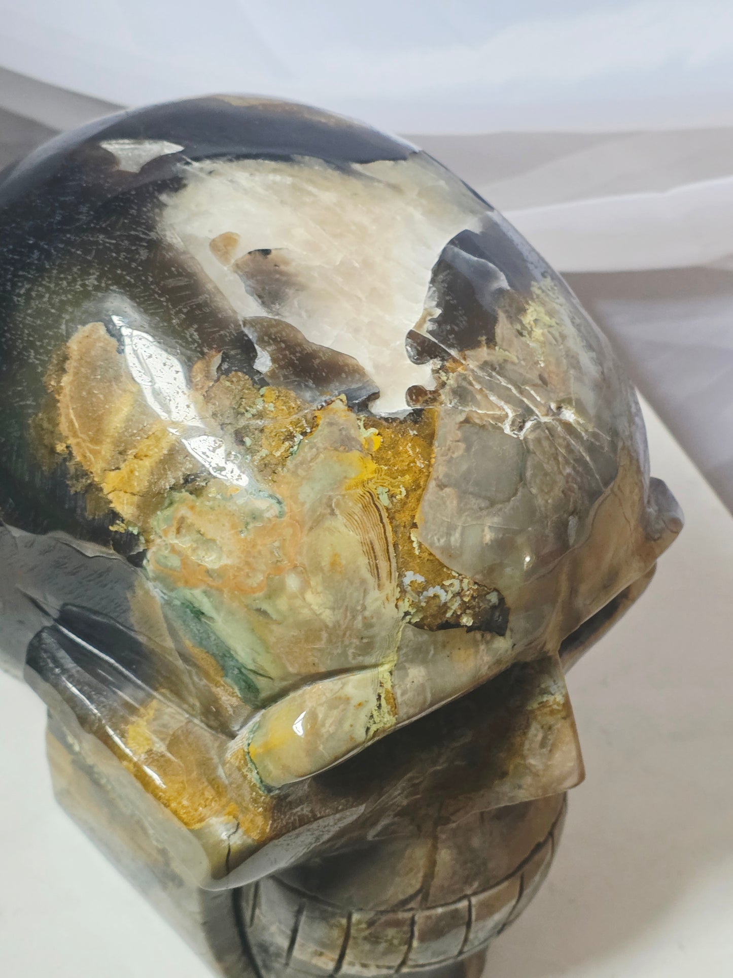 28 Pounds Skull Volcano Agate with Calcite UV Geode Hand Carved Mayan Statement Piece
