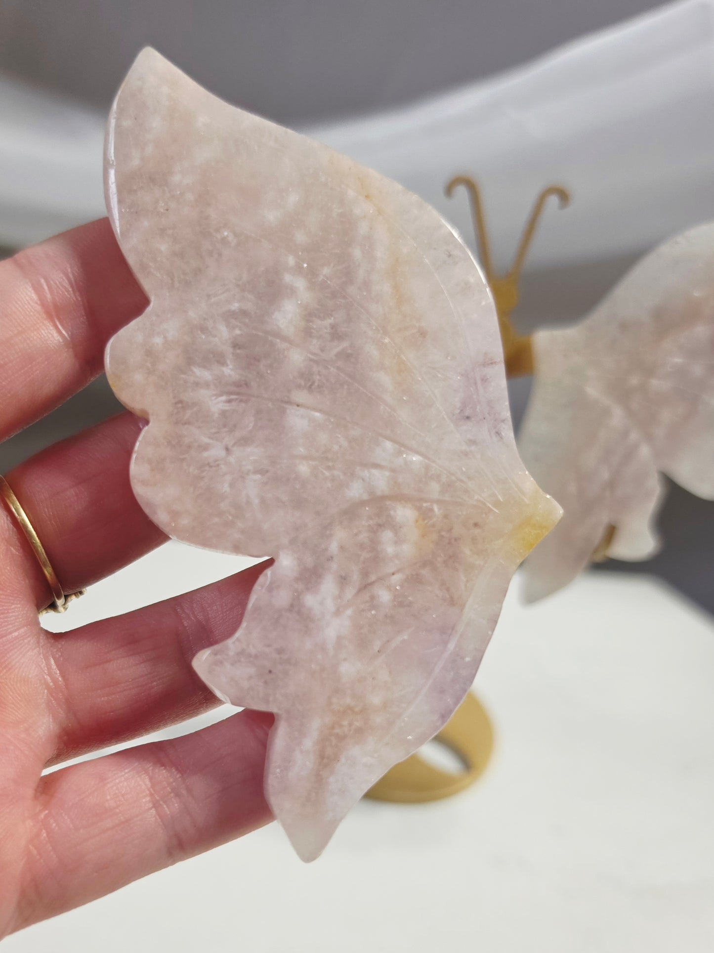 Pink Flower Agate Butterfly Wings Hand Cared on Stand