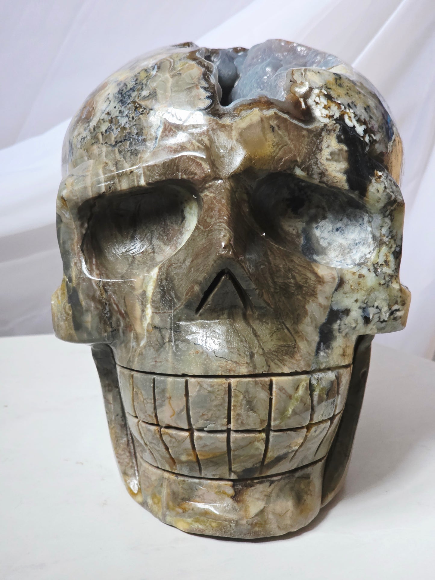 22 Pounds Skull Volcano Agate with Botryoidal UV Geode Hand Carved Mayan Statement Piece