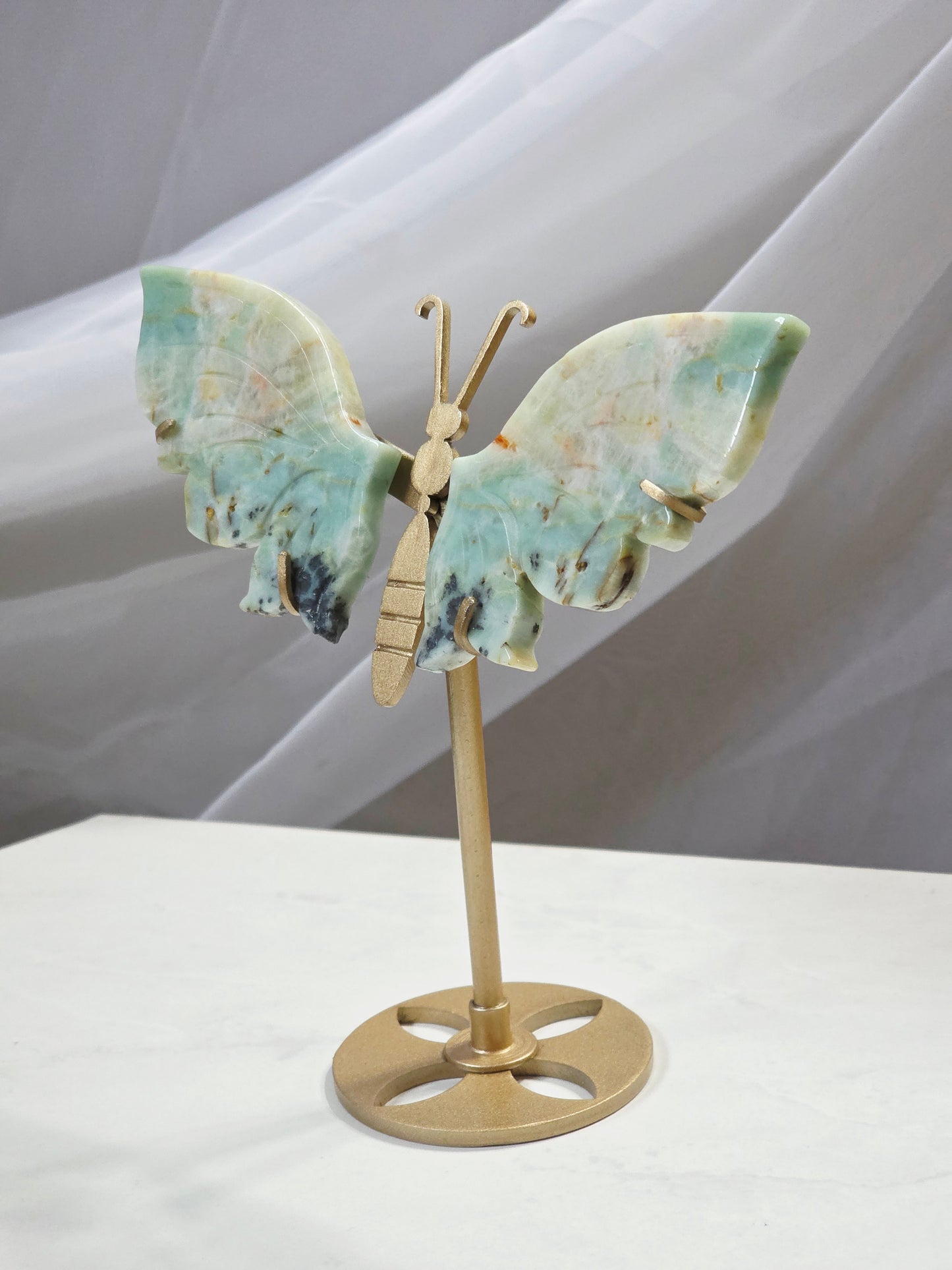 Amazonite Butterfly Crystal Wings set on Gold Stand