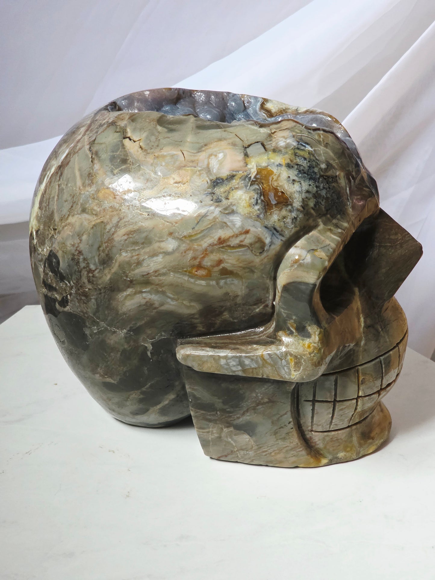 22 Pounds Skull Volcano Agate with Botryoidal UV Geode Hand Carved Mayan Statement Piece