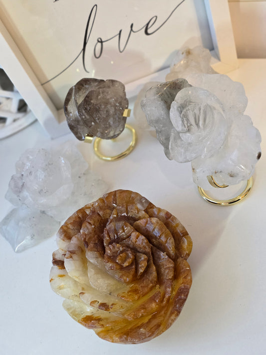 Quartz Flower Carving 1kg Mix Smokey/ Garden / Golden Healer/ Clear