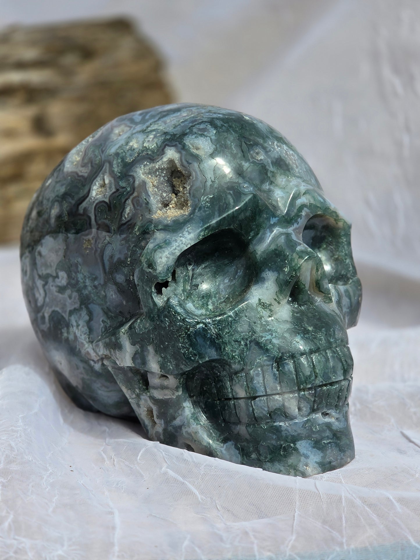 Hand-Carved Natural Green Moss Agate Crystal Skull 5.40 lbs