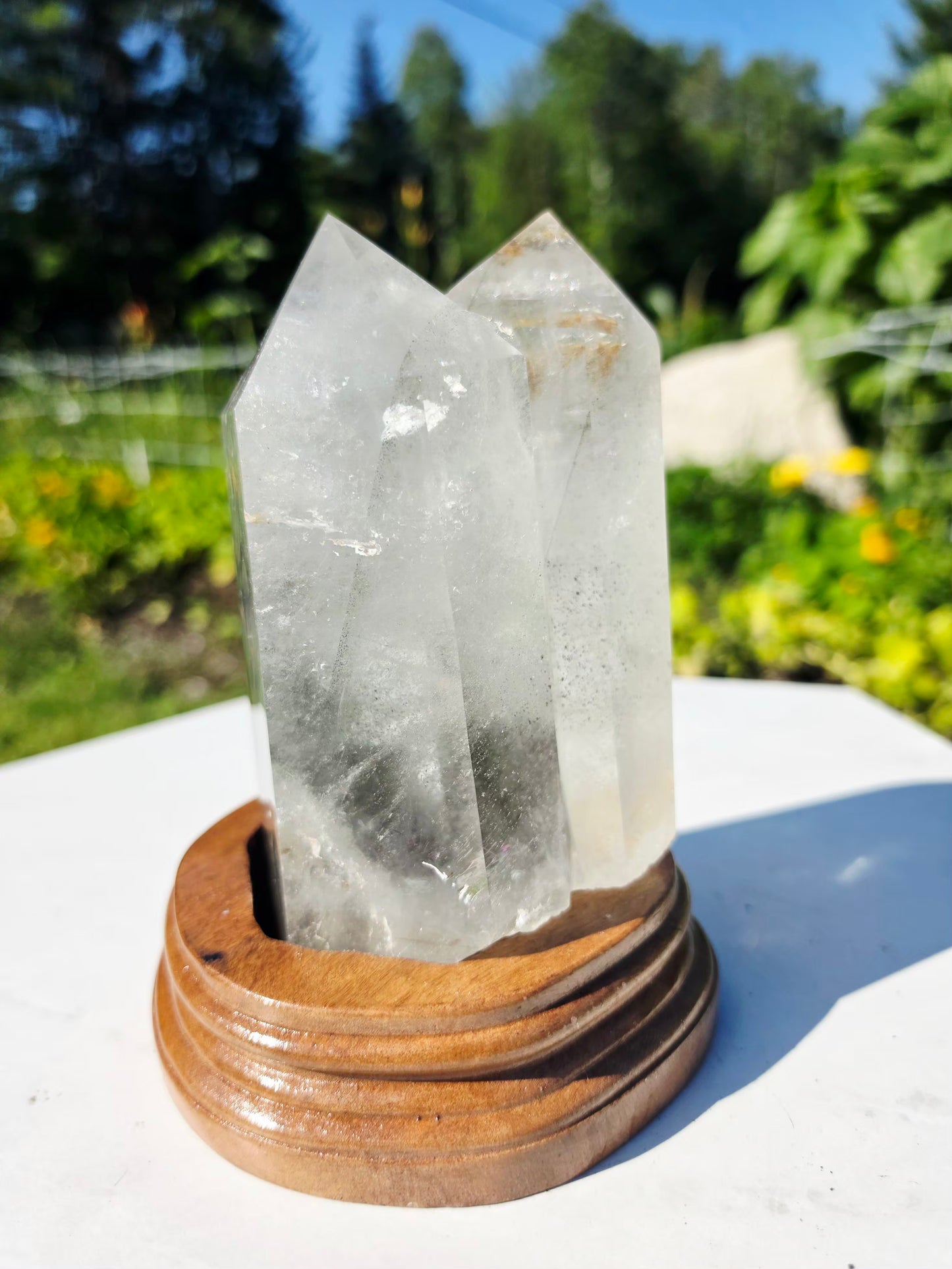2.2 lbs Garden Quartz Double Top Point Crystal Mineral With Stand  9×17.5 cm