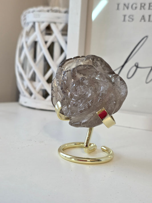 Smokey Quartz Rose Crystal Carving on Stand