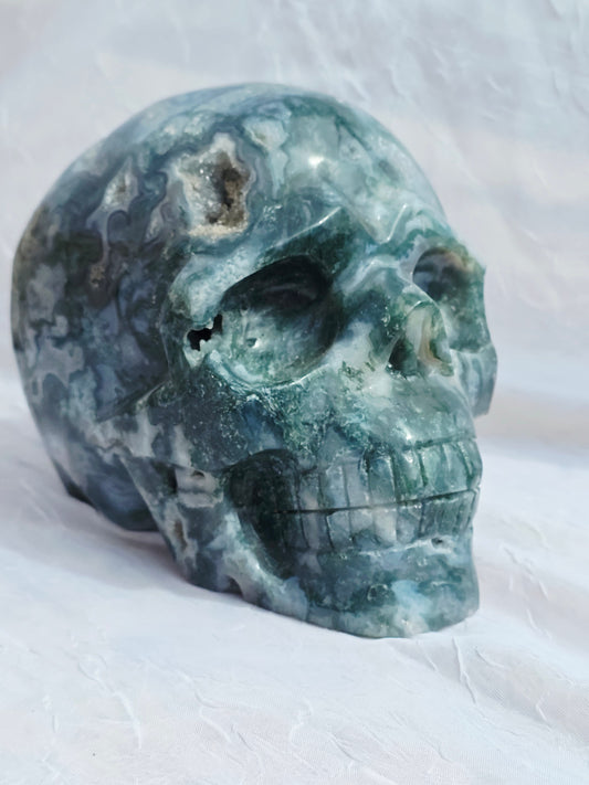 Hand-Carved Natural Green Moss Agate Crystal Skull 5.40 lbs