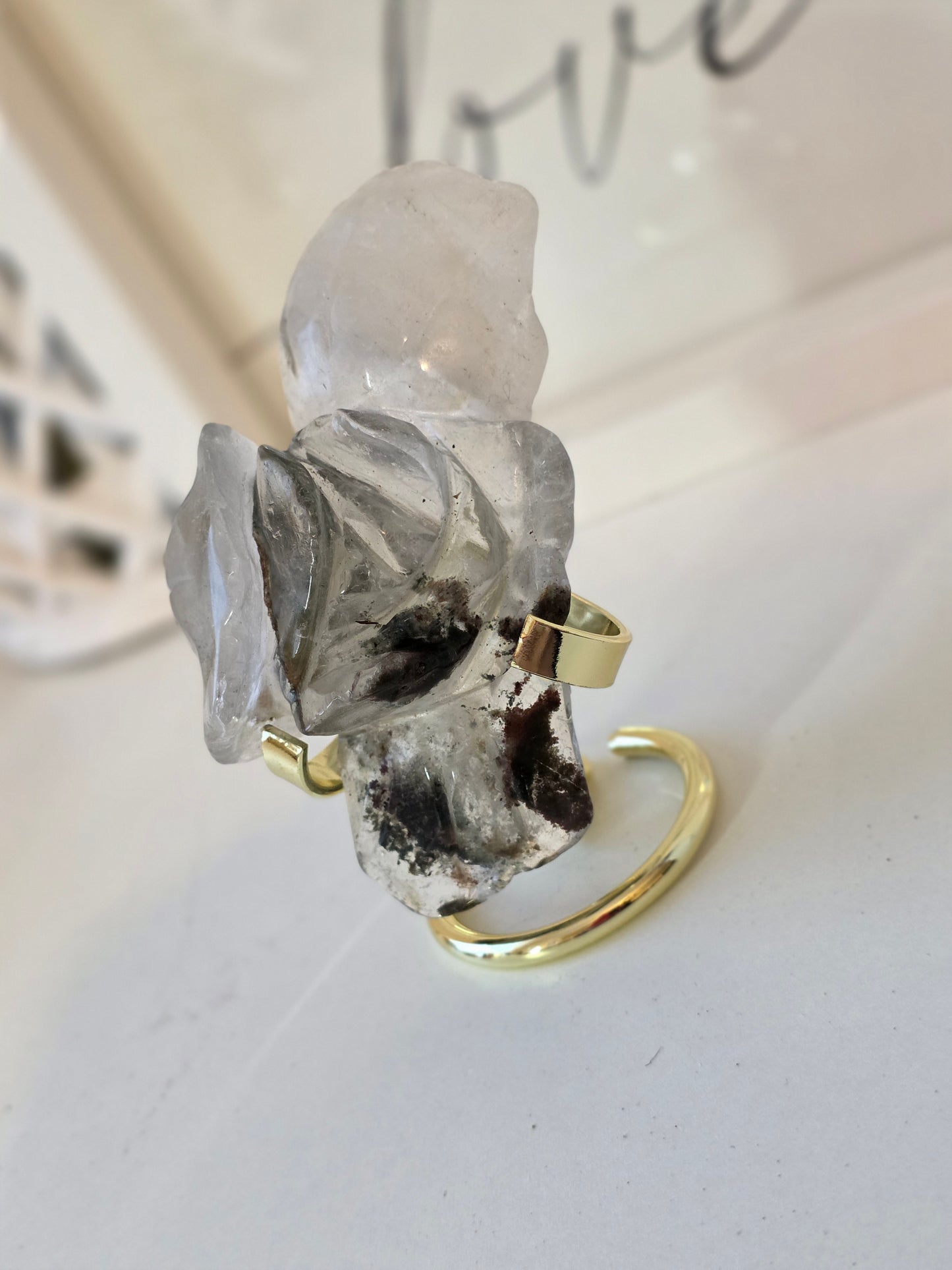 Garden Quartz Crystal Flower Carving on stand
