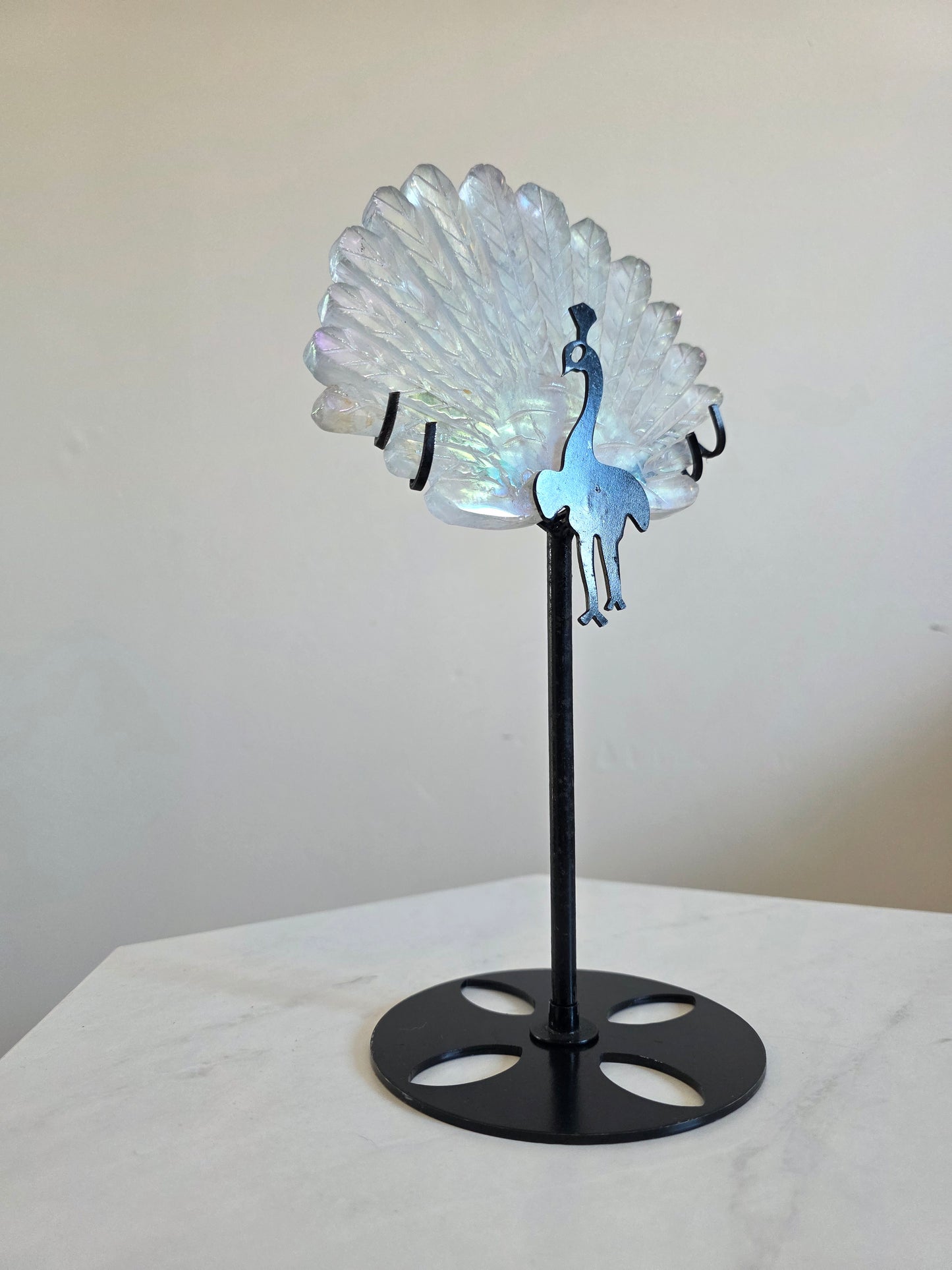 Large Peacock Clear Quartz Carving on stand