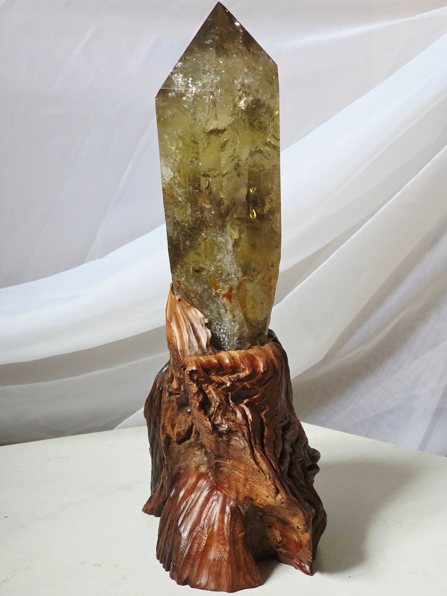Raw Uncut Base Large Smokey Citrine Crystal Point Wood base included