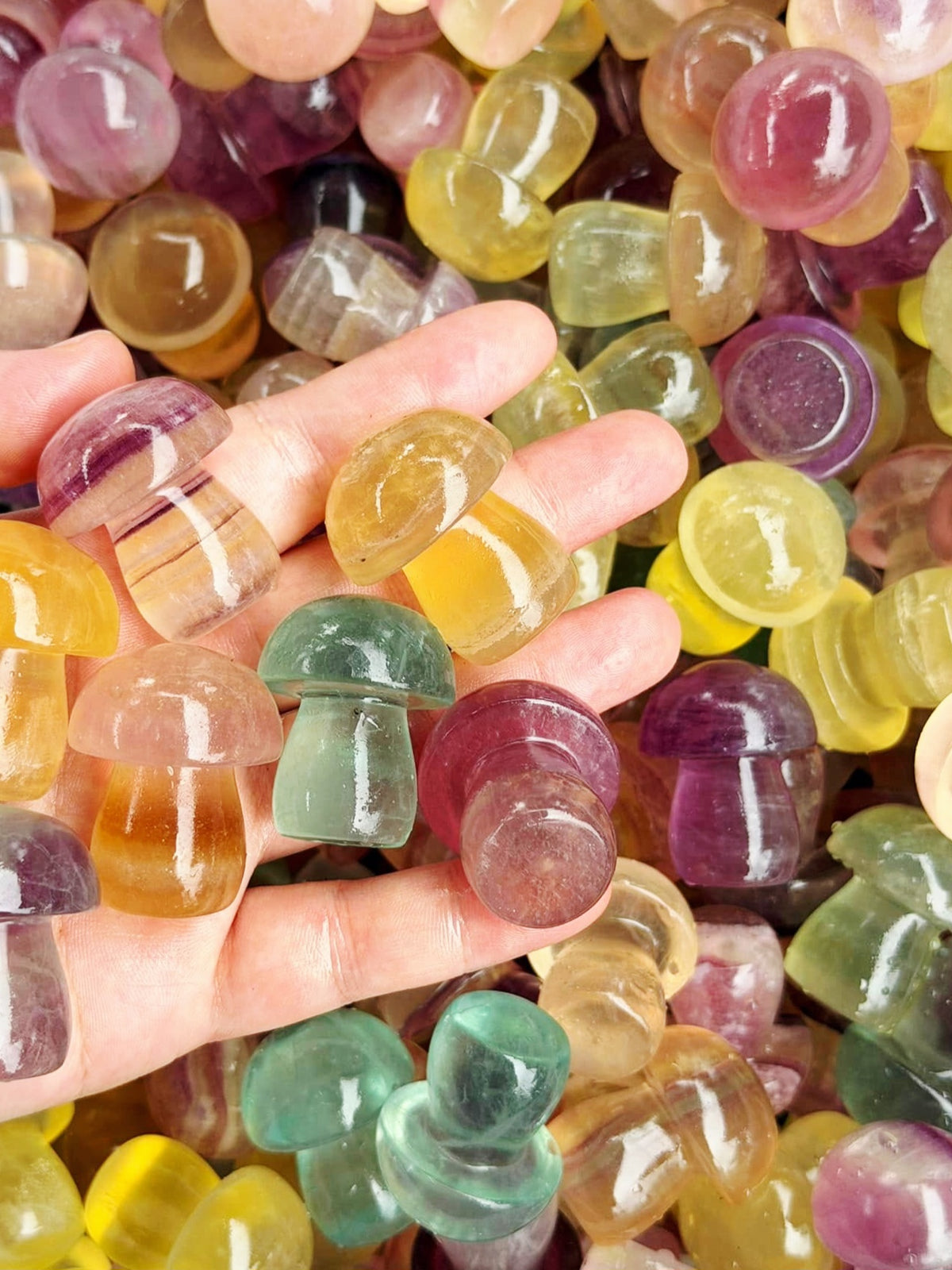 25-Piece Bulk Rainbow Fluorite Mini Mushroom Carvings (3.5cm) - Wholesale Healing Crystals