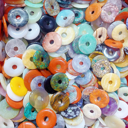 100-Piece Bulk Mixed Natural Gemstone Donut Beads (Ping An Kou) 3cm - Crystal Healing Wholesale Lot