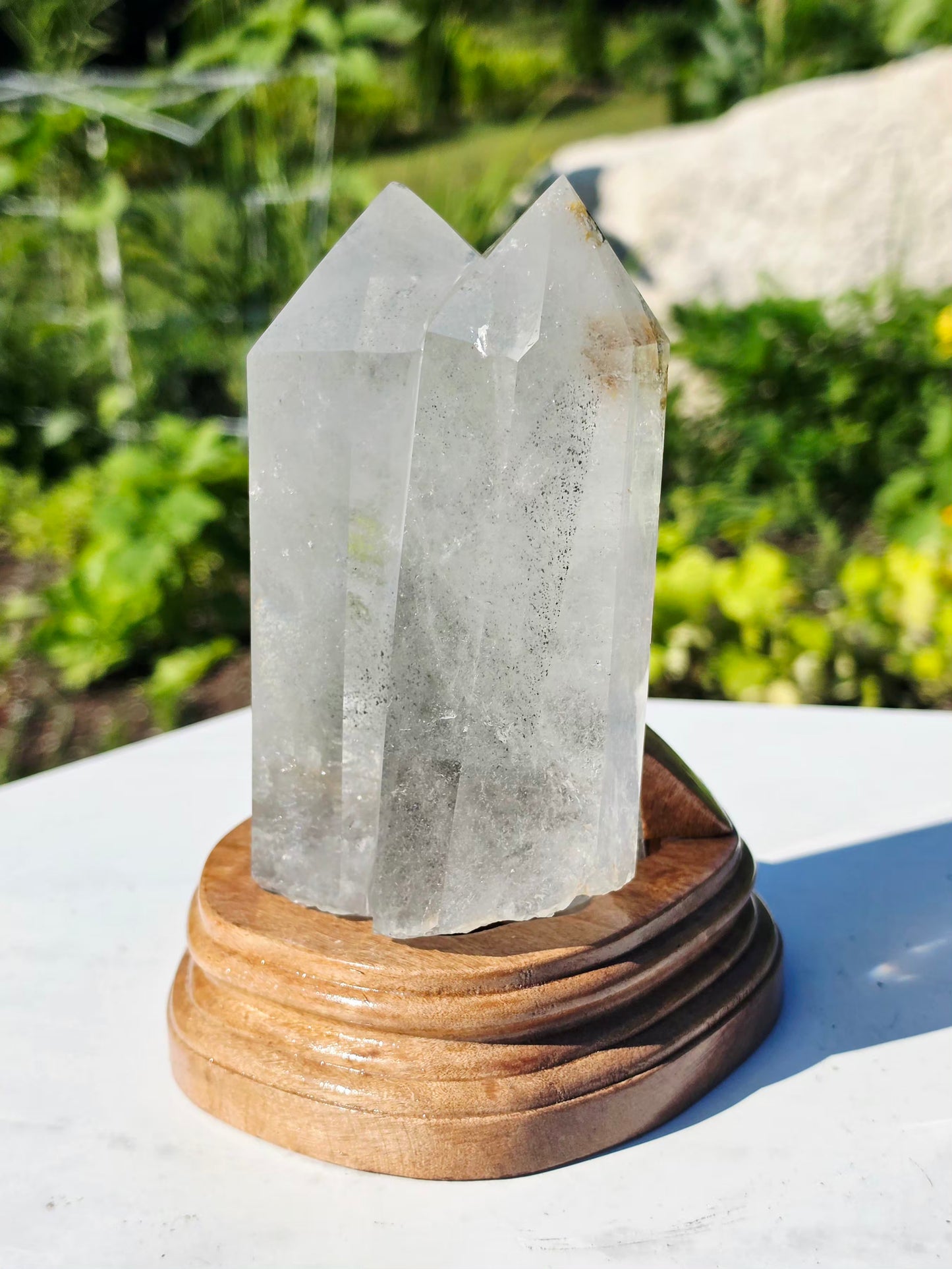 2.2 lbs Garden Quartz Double Top Point Crystal Mineral With Stand  9×17.5 cm