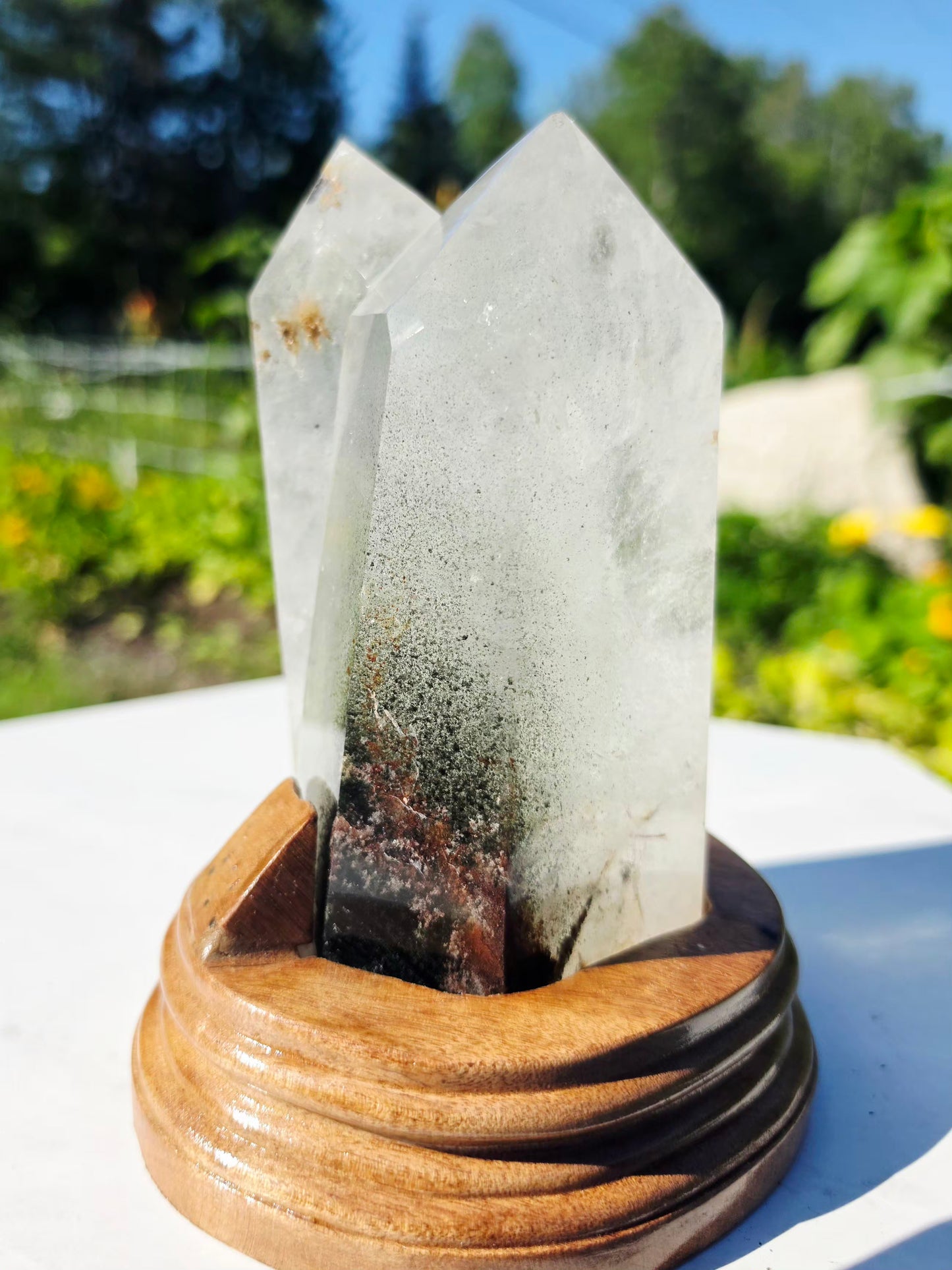 2.2 lbs Garden Quartz Double Top Point Crystal Mineral With Stand  9×17.5 cm