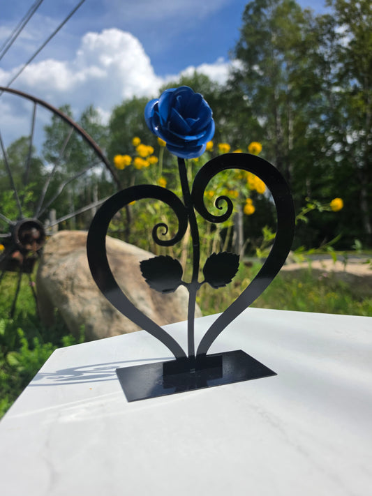 Hand-Forged Iron Rose with Heart Stand Eternal Metal Flower Sculpture 0.20lb