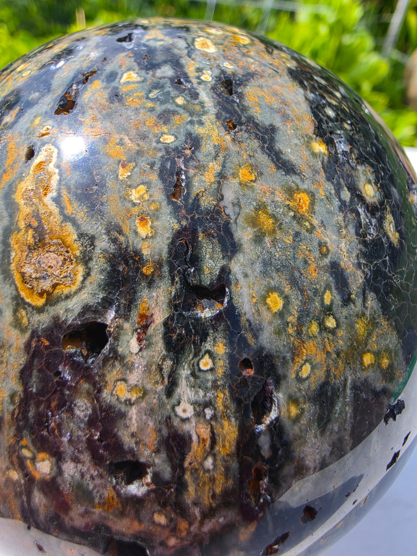 1.77kg Moss Agate Sphere with Butterfly Gold Stand Madagascar Druzy Crystal