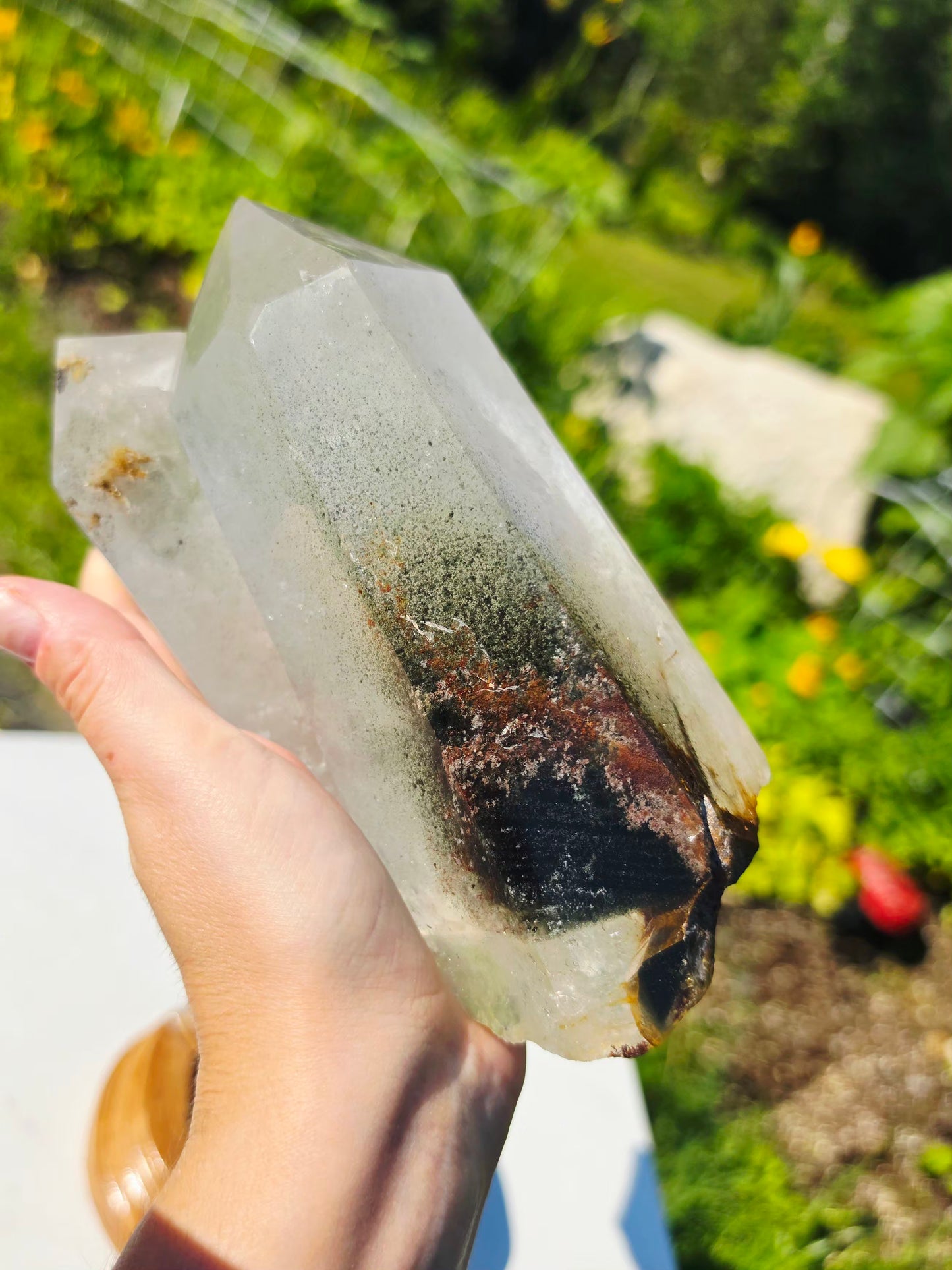 2.2 lbs Garden Quartz Double Top Point Crystal Mineral With Stand  9×17.5 cm