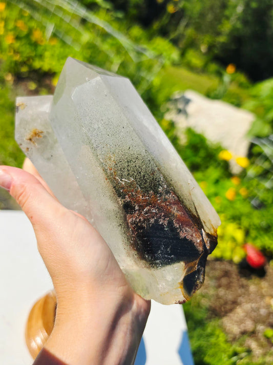 2.2 lbs Garden Quartz Double Top Point Crystal Mineral With Stand  9×17.5 cm