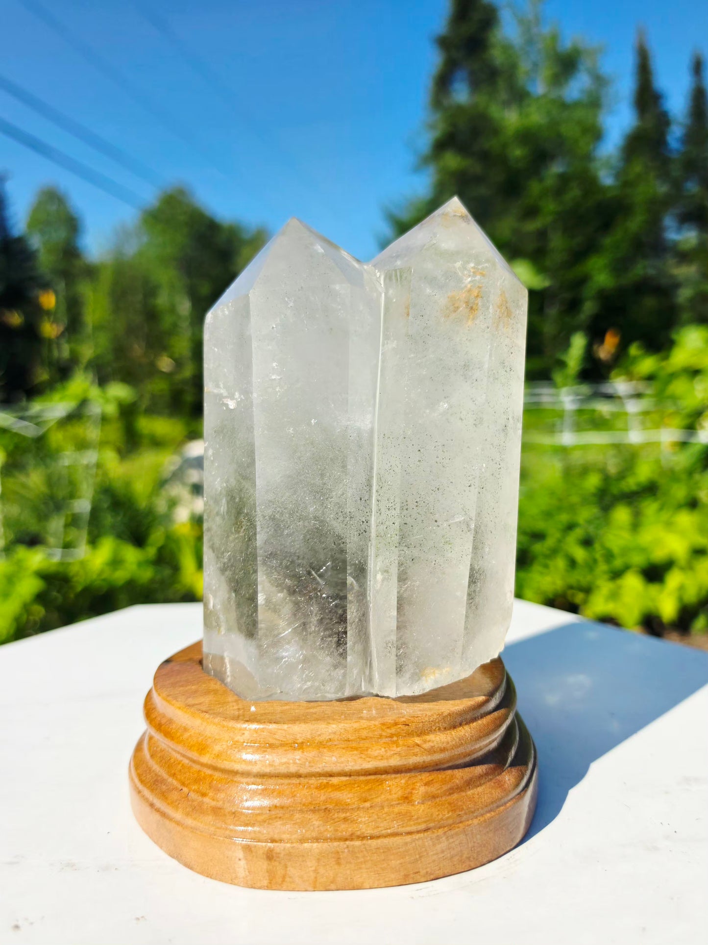 2.2 lbs Garden Quartz Double Top Point Crystal Mineral With Stand  9×17.5 cm