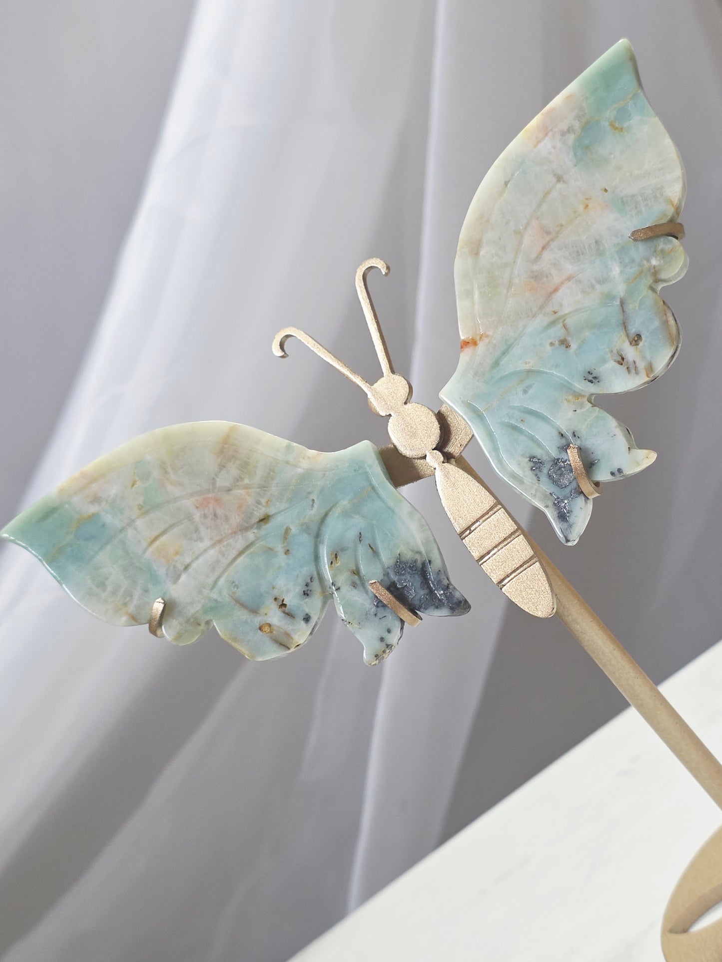 Amazonite Butterfly Crystal Wings set on Gold Stand