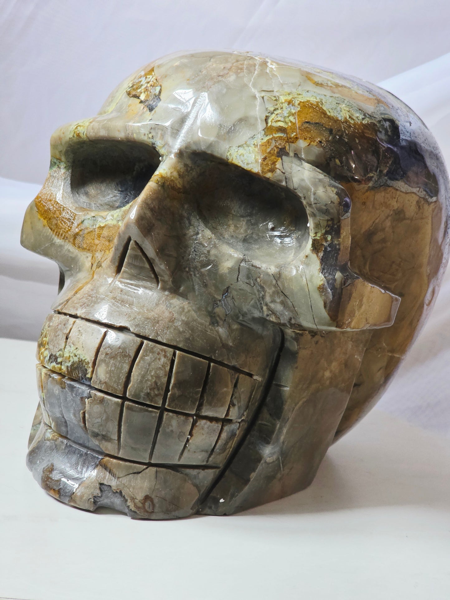 28 Pounds Skull Volcano Agate with Calcite UV Geode Hand Carved Mayan Statement Piece
