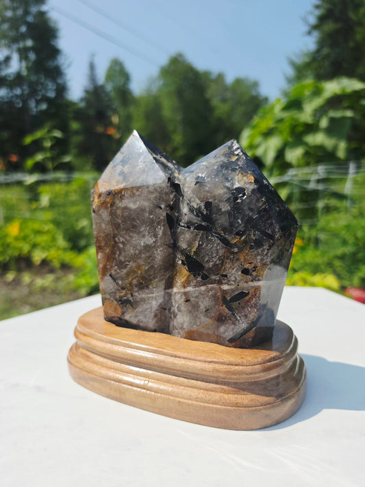 Smokey Double Points Crystal Quartz 4.41lb With Black Rutile Tourmaline On Stand