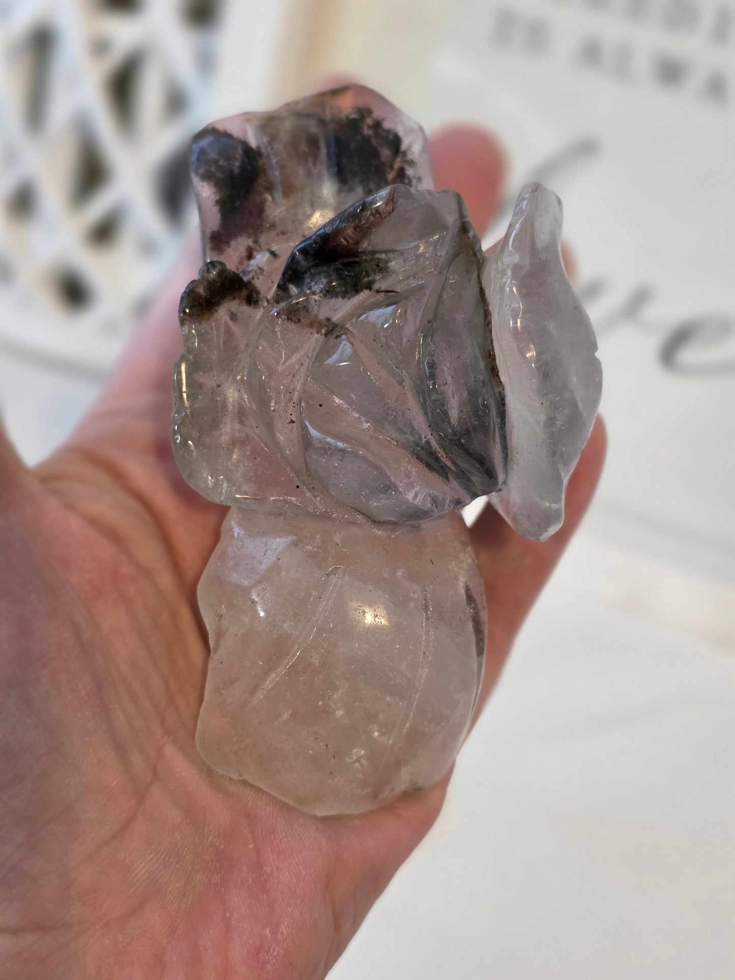 Garden Quartz Crystal Flower Carving on stand