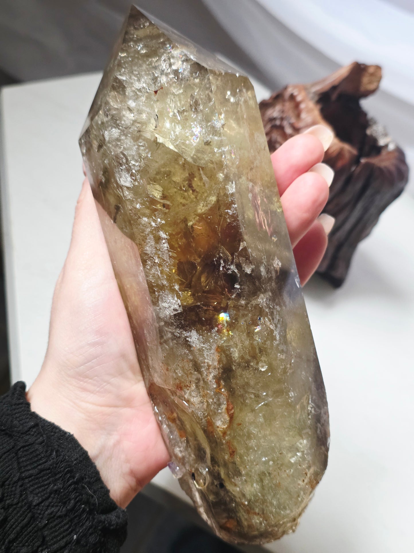 Raw Uncut Base Large Smokey Citrine Crystal Point Wood base included
