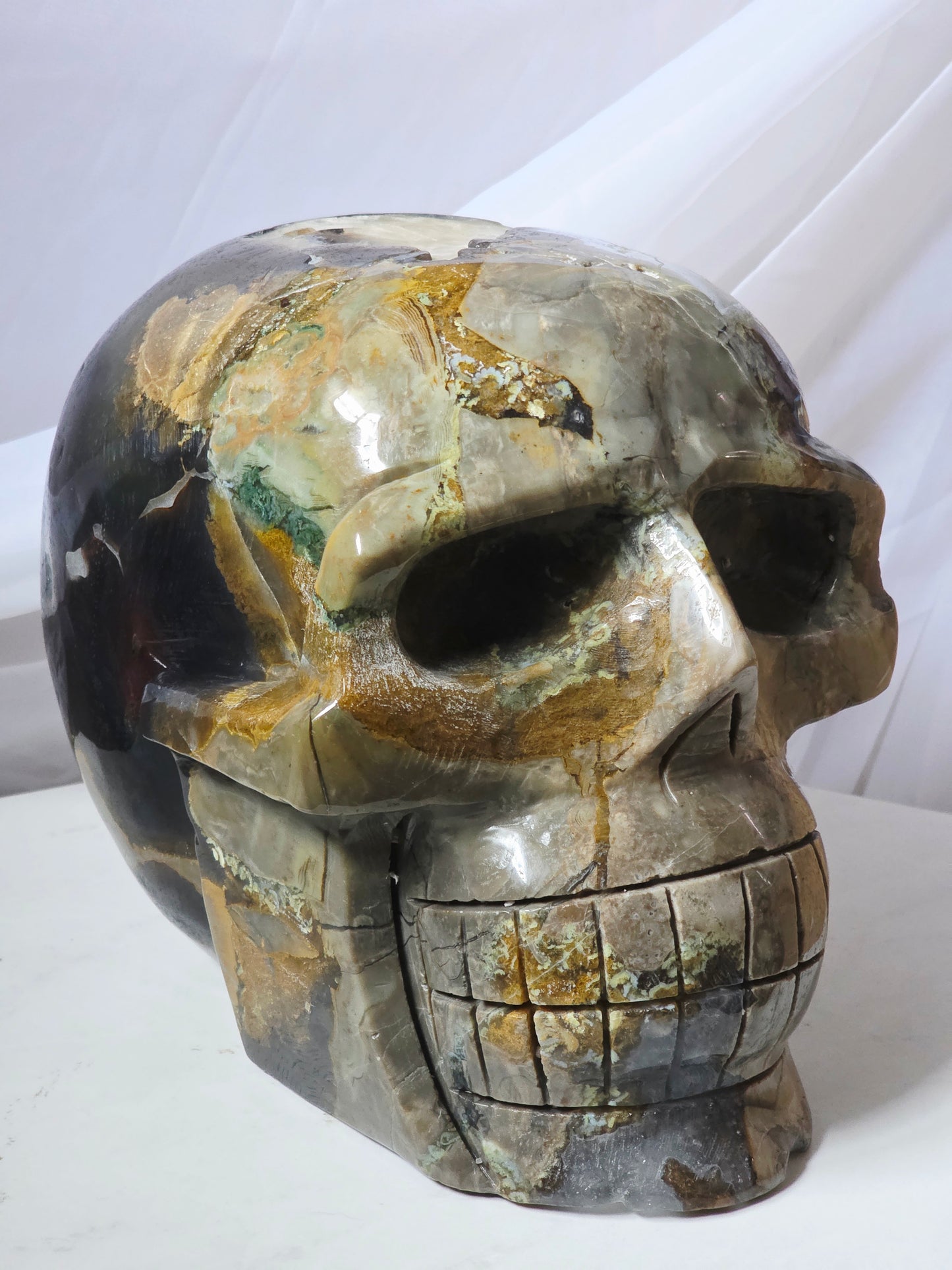 28 Pounds Skull Volcano Agate with Calcite UV Geode Hand Carved Mayan Statement Piece
