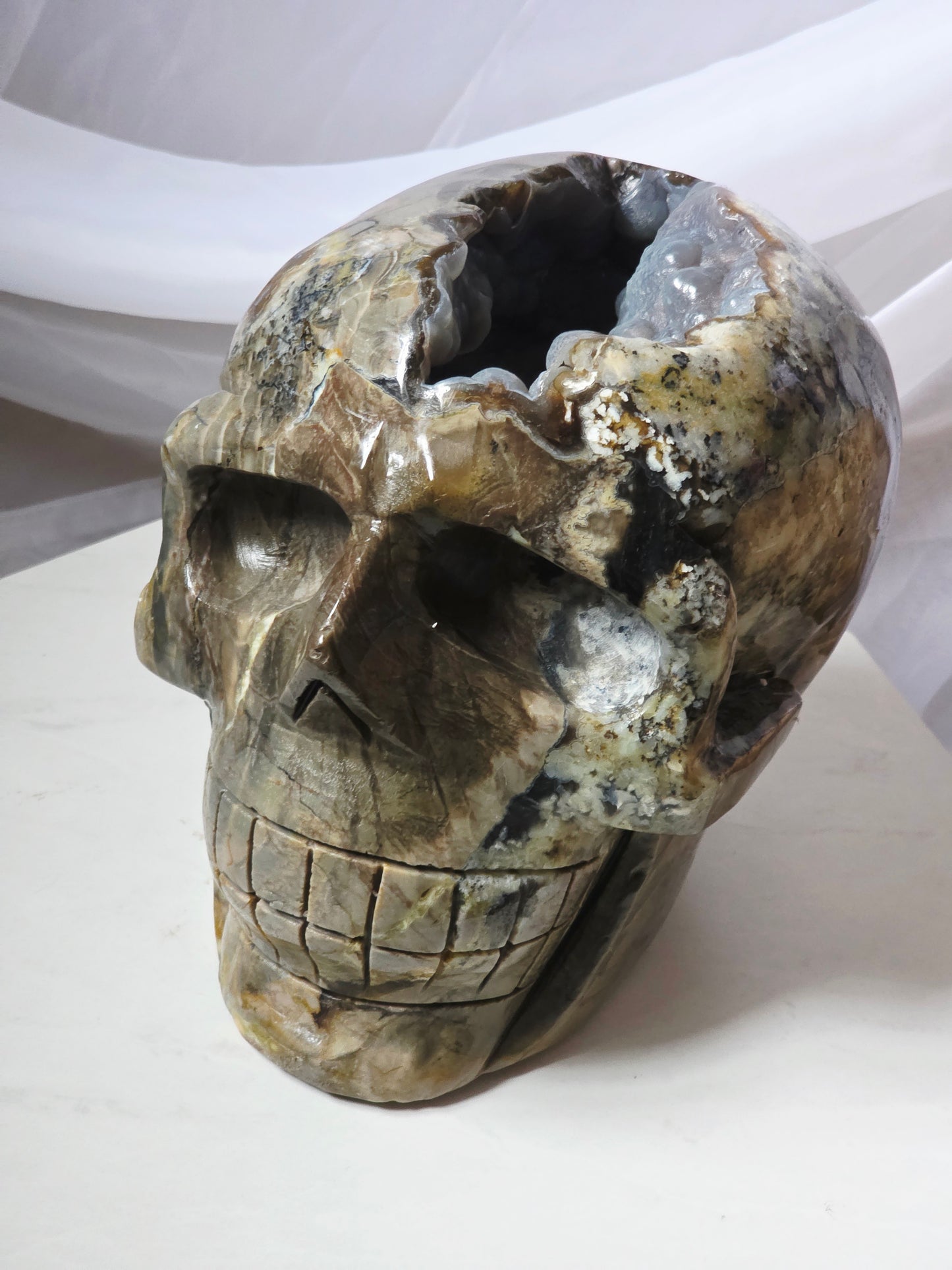 22 Pounds Skull Volcano Agate with Botryoidal UV Geode Hand Carved Mayan Statement Piece