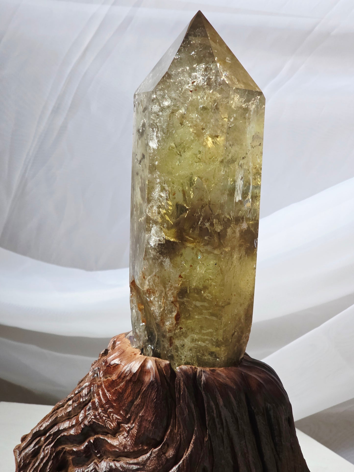 Raw Uncut Base Large Smokey Citrine Crystal Point Wood base included