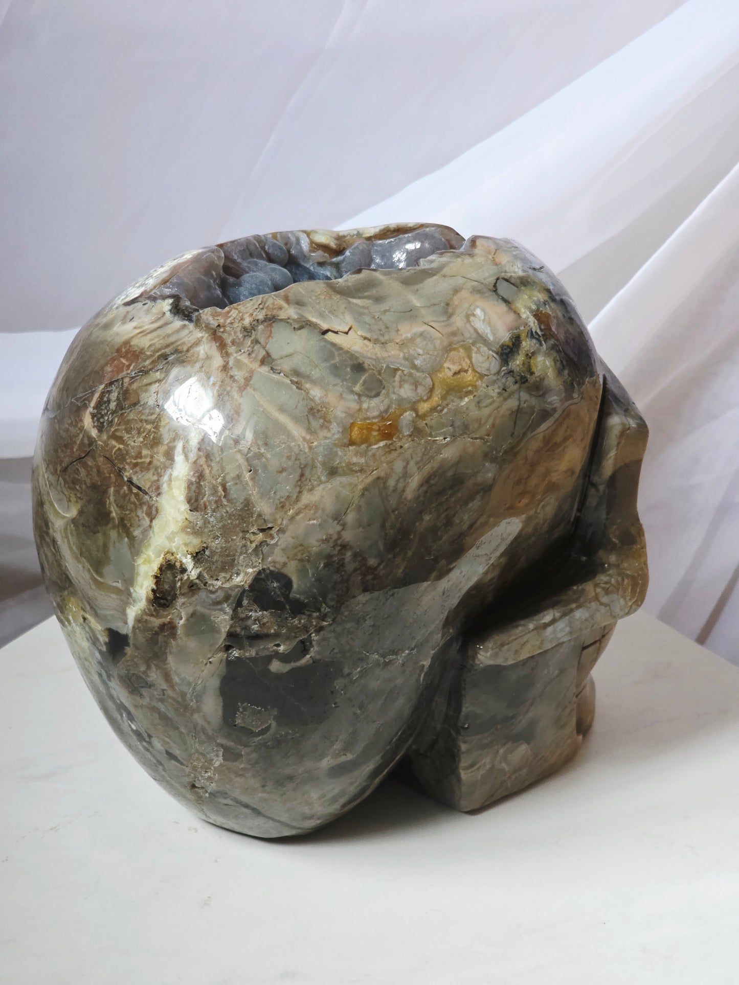 22 Pounds Skull Volcano Agate with Botryoidal UV Geode Hand Carved Mayan Statement Piece