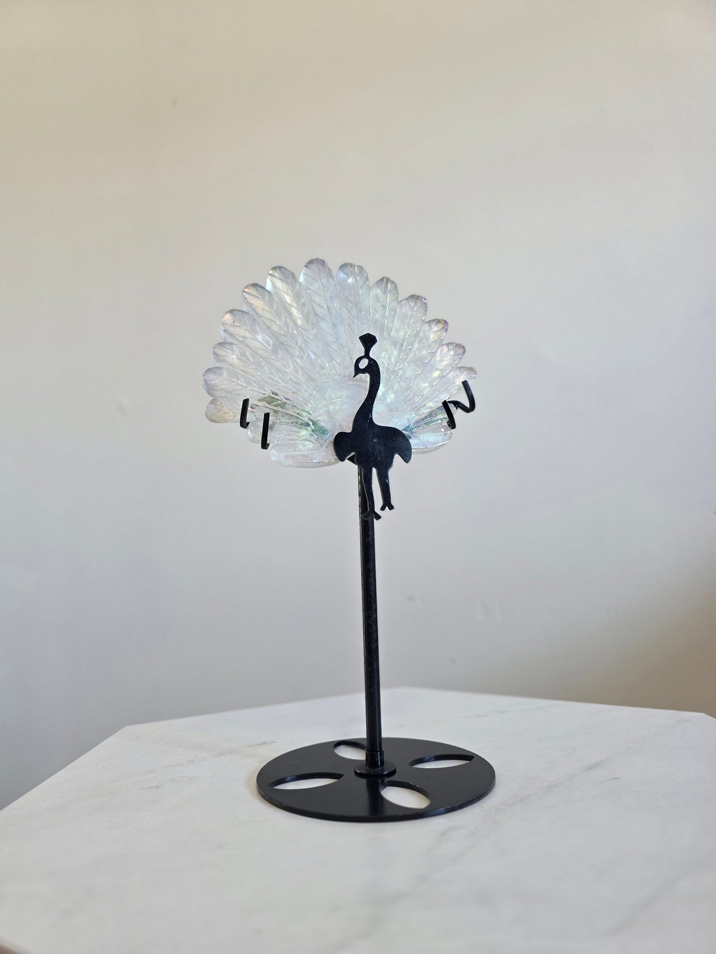 Large Peacock Clear Quartz Carving on stand