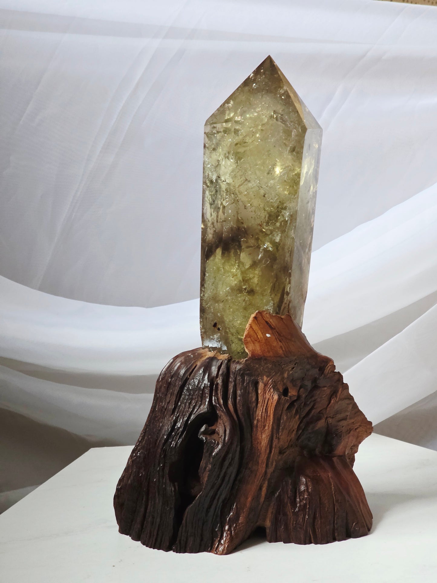 Raw Uncut Base Large Smokey Citrine Crystal Point Wood base included