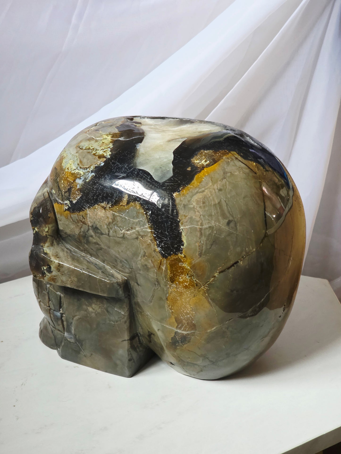 28 Pounds Skull Volcano Agate with Calcite UV Geode Hand Carved Mayan Statement Piece