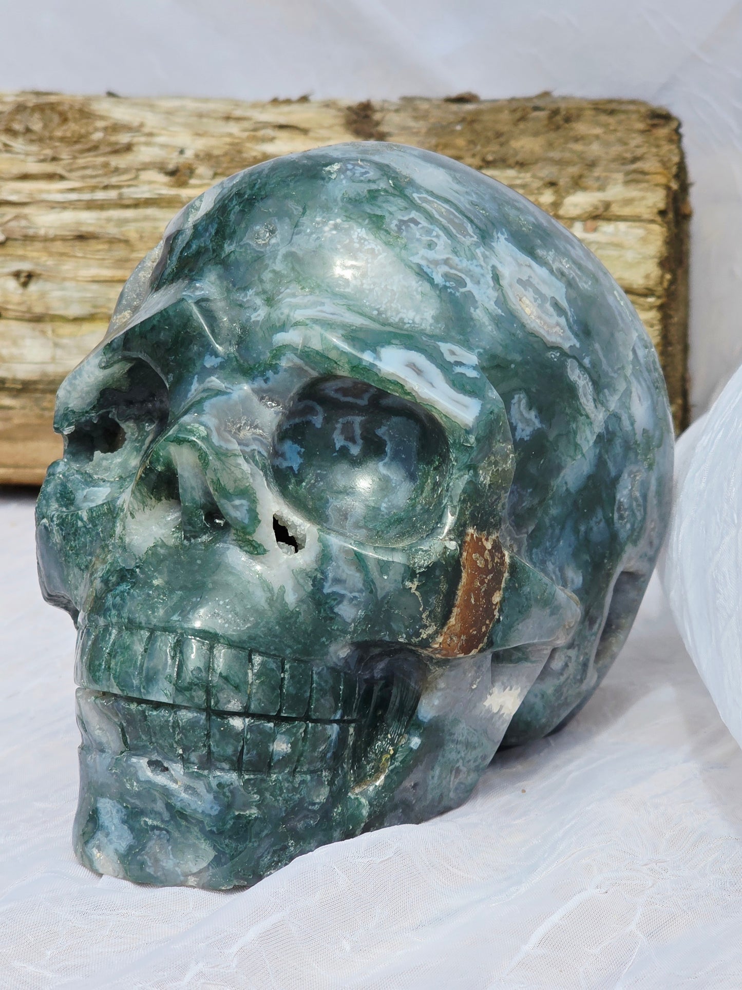 Hand-Carved Natural Green Moss Agate Crystal Skull 5.40 lbs