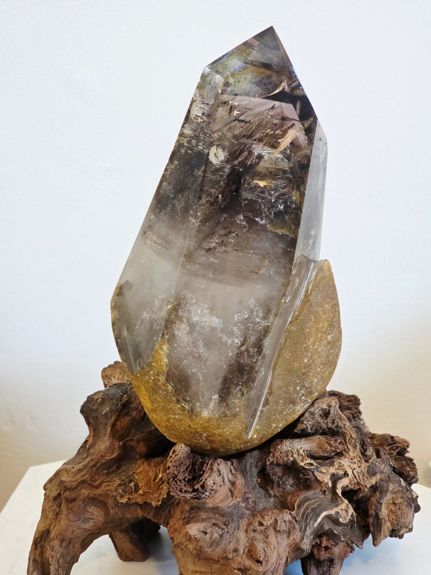Enhydro Smokey Quartz 22lbs - Moving Bubbles - Rambo Flash on Wood Stand - Rare Collectable  Crystal