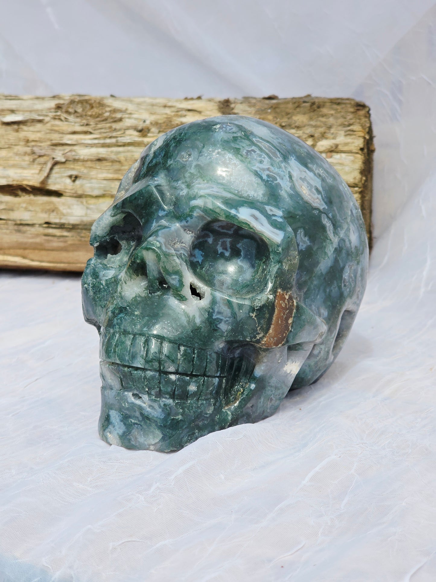 Hand-Carved Natural Green Moss Agate Crystal Skull 5.40 lbs