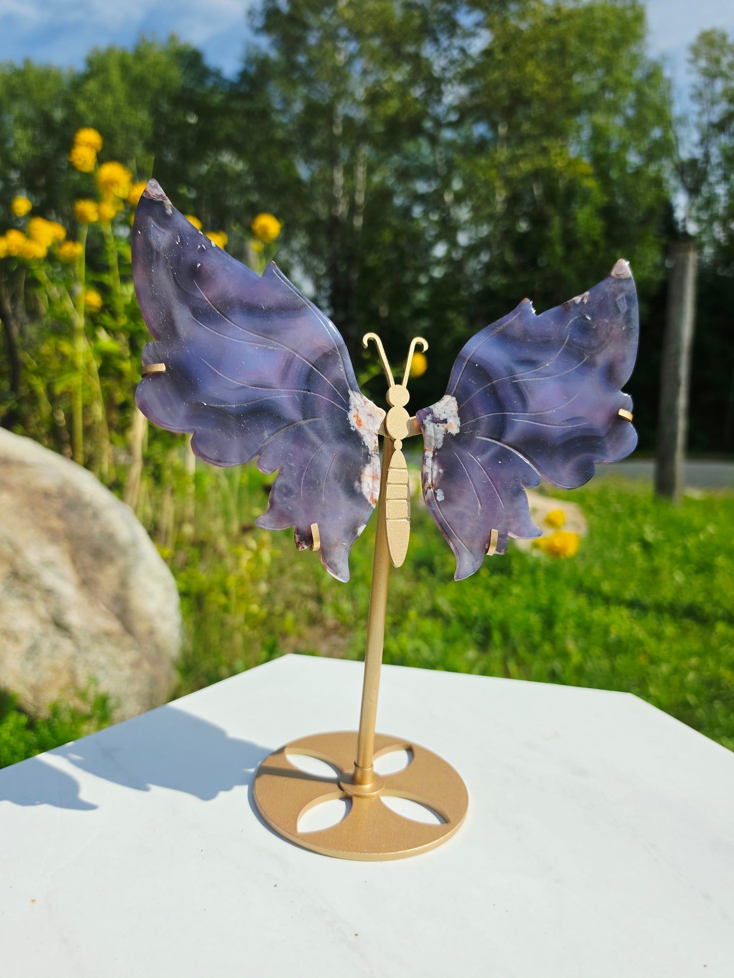 1.14lbs Blue Flower Agate Butterfly Wings on Stand 25.5x20.3cm