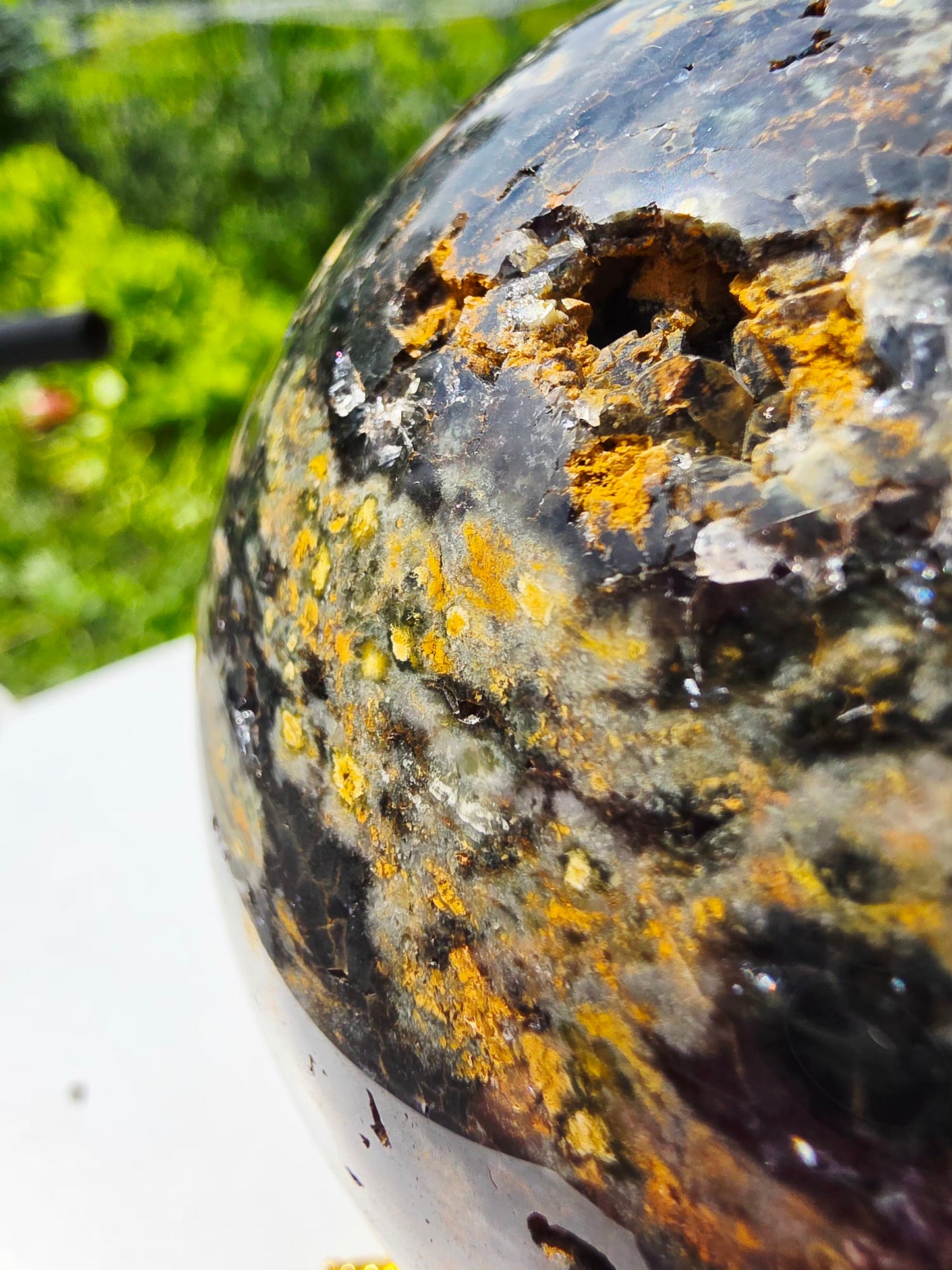 1.77kg Moss Agate Sphere with Butterfly Gold Stand Madagascar Druzy Crystal