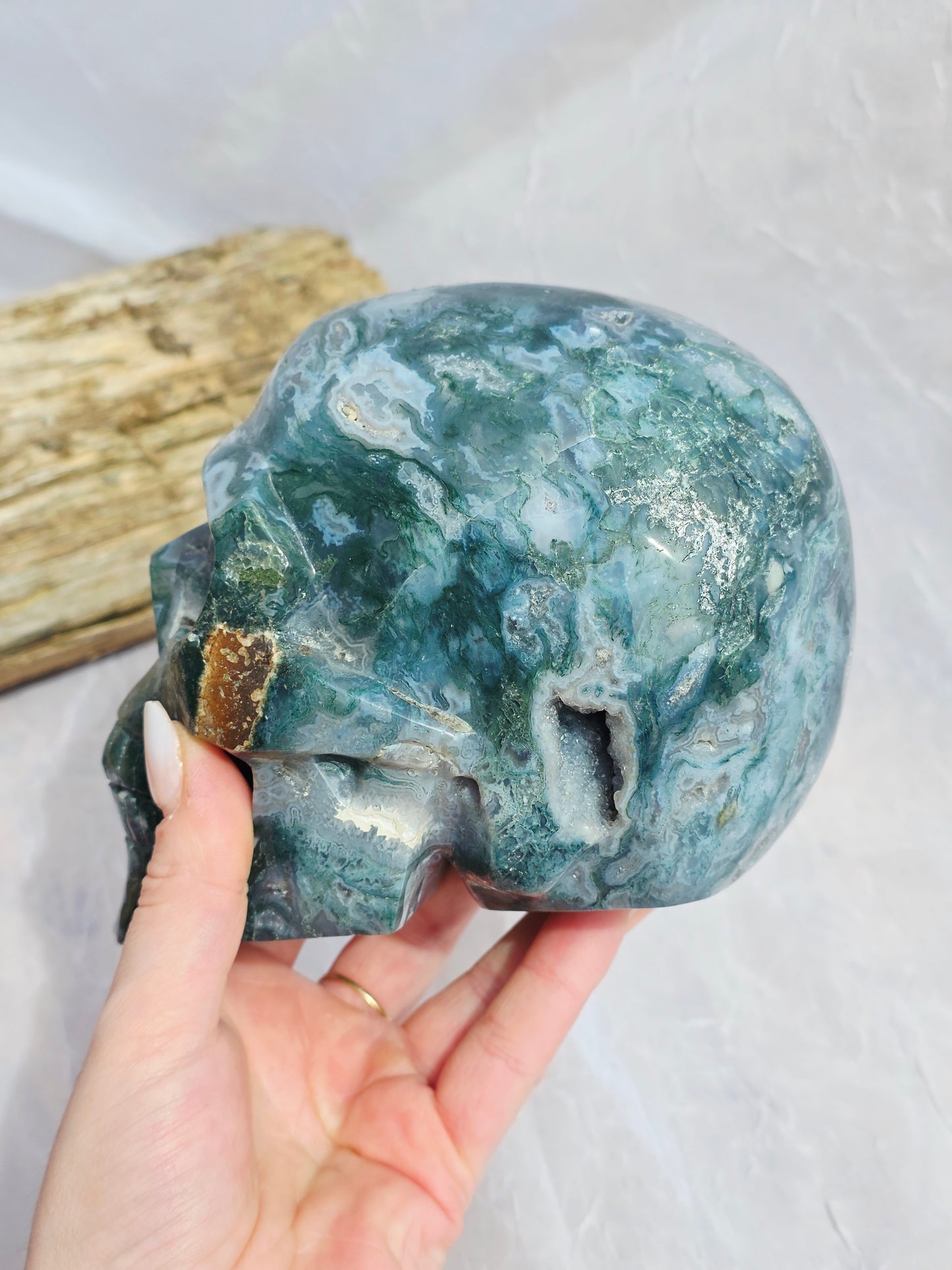 Hand-Carved Natural Green Moss Agate Crystal Skull 5.40 lbs