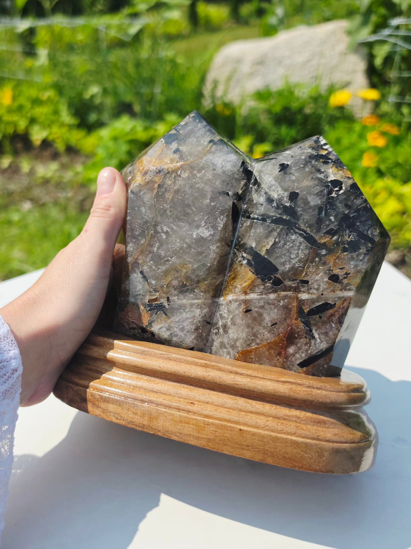 Smokey Double Points Crystal Quartz 4.41lb With Black Rutile Tourmaline On Stand