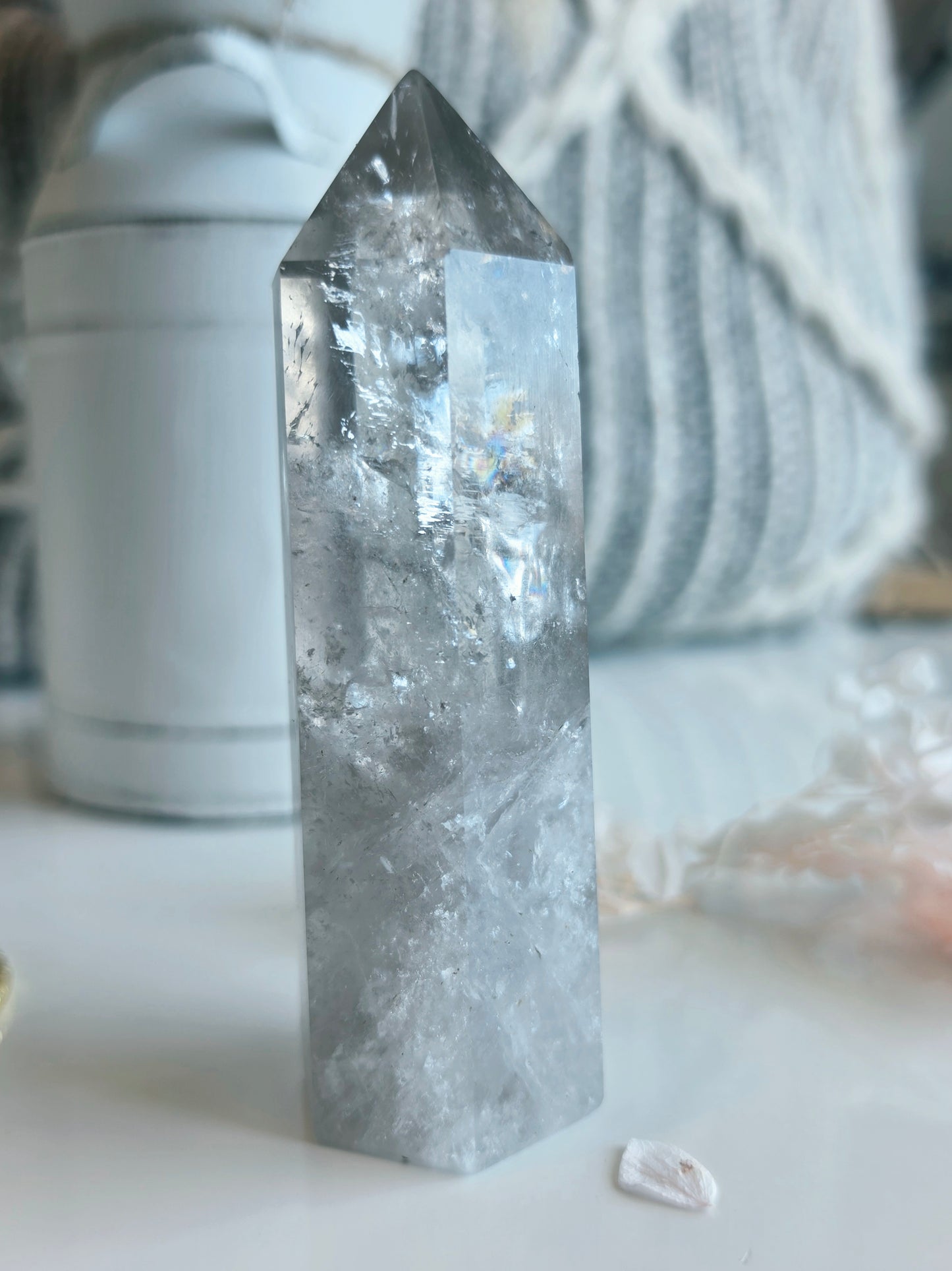 Smokey Clear Quartz Point Rainbow Flash Medium Size Flat Base