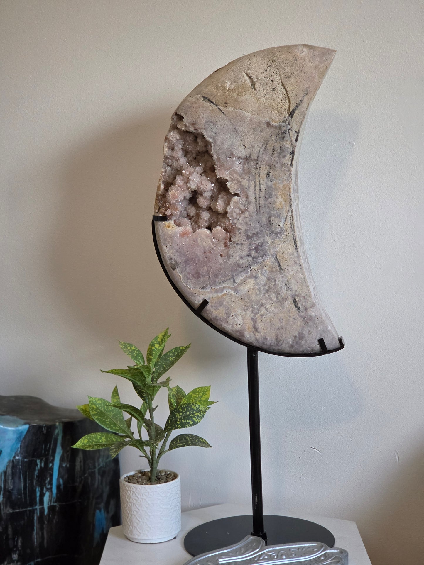 19.84 lbs Pink Amethyst Moon Carving on Custom Stand - Statement Piece