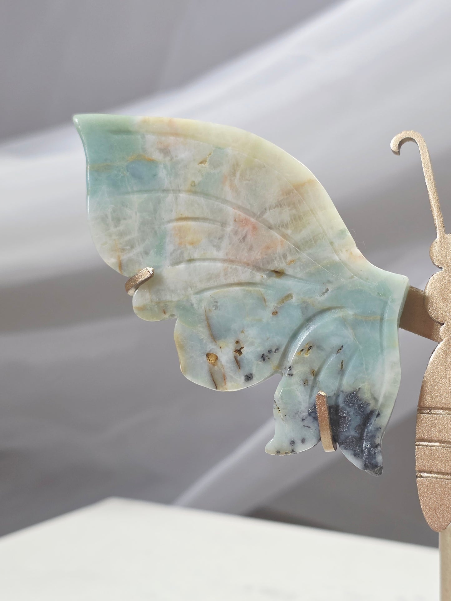 Amazonite Butterfly Crystal Wings set on Gold Stand