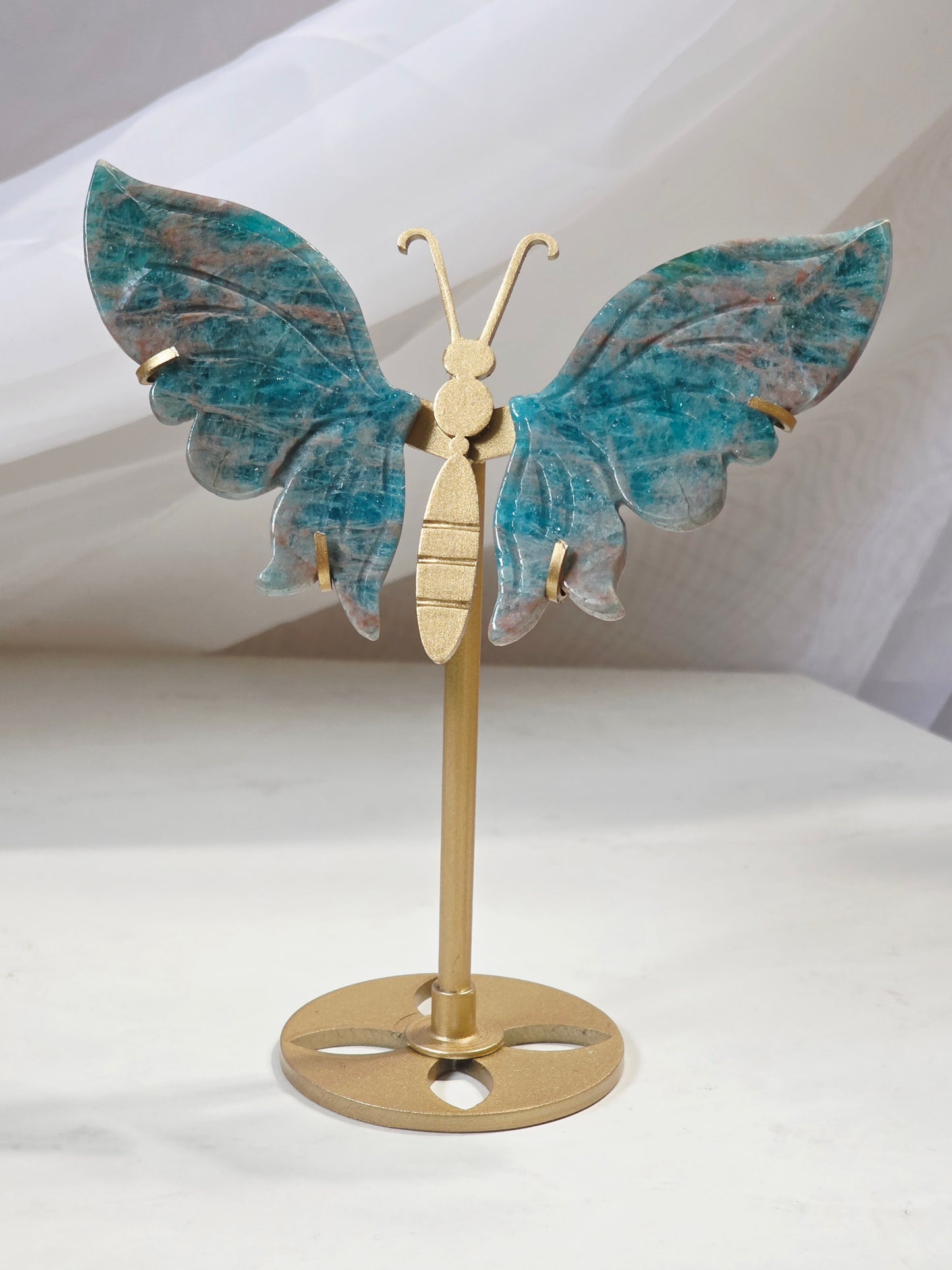 Blue Apatite Butterfly Wings on Gold Stand