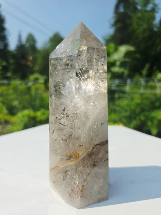 Rutilated Quartz Crystal Point 1.46kg 19cm Tall Flat Base Natural Mineral