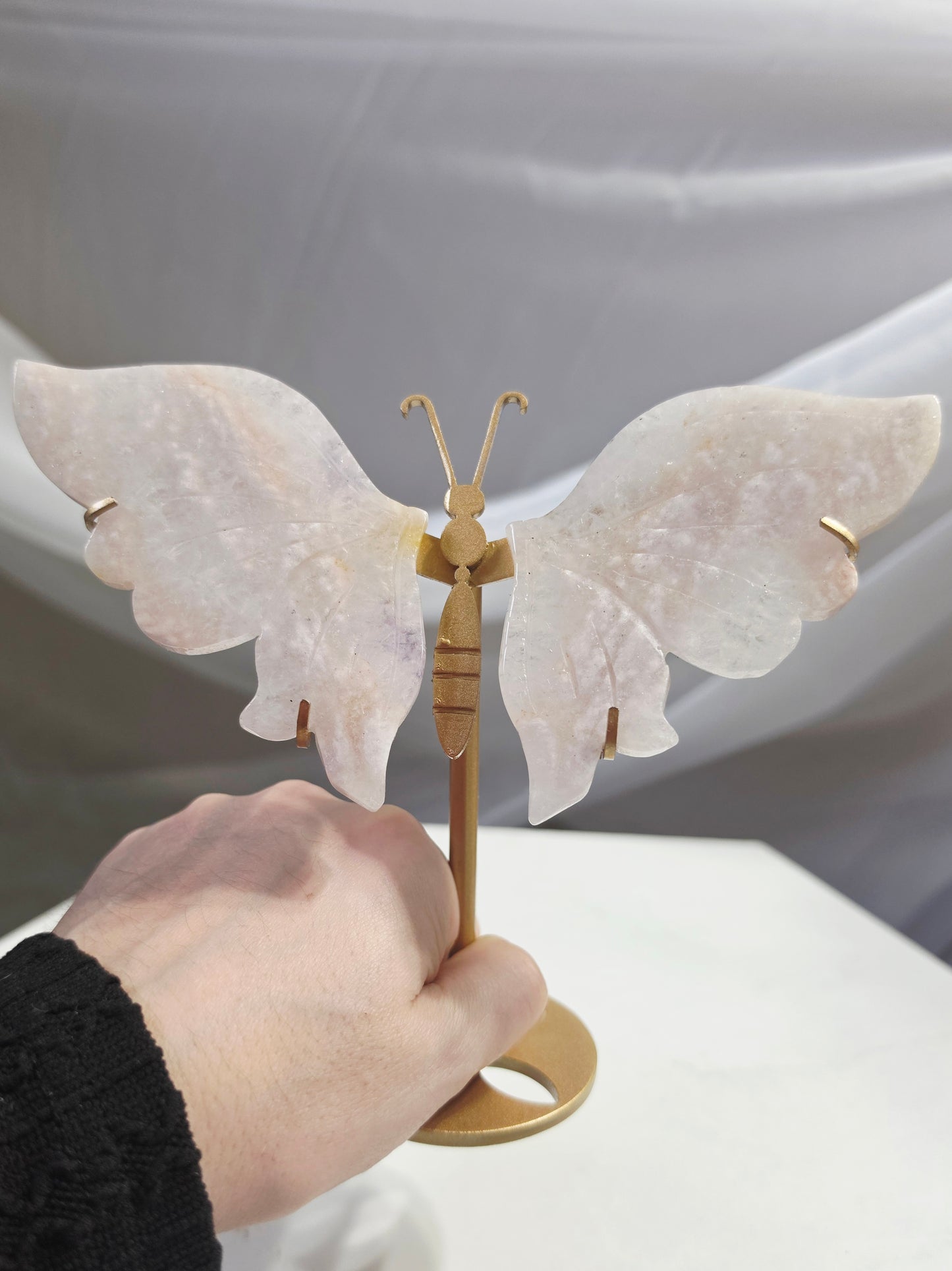 Pink Flower Agate Butterfly Wings Hand Cared on Stand
